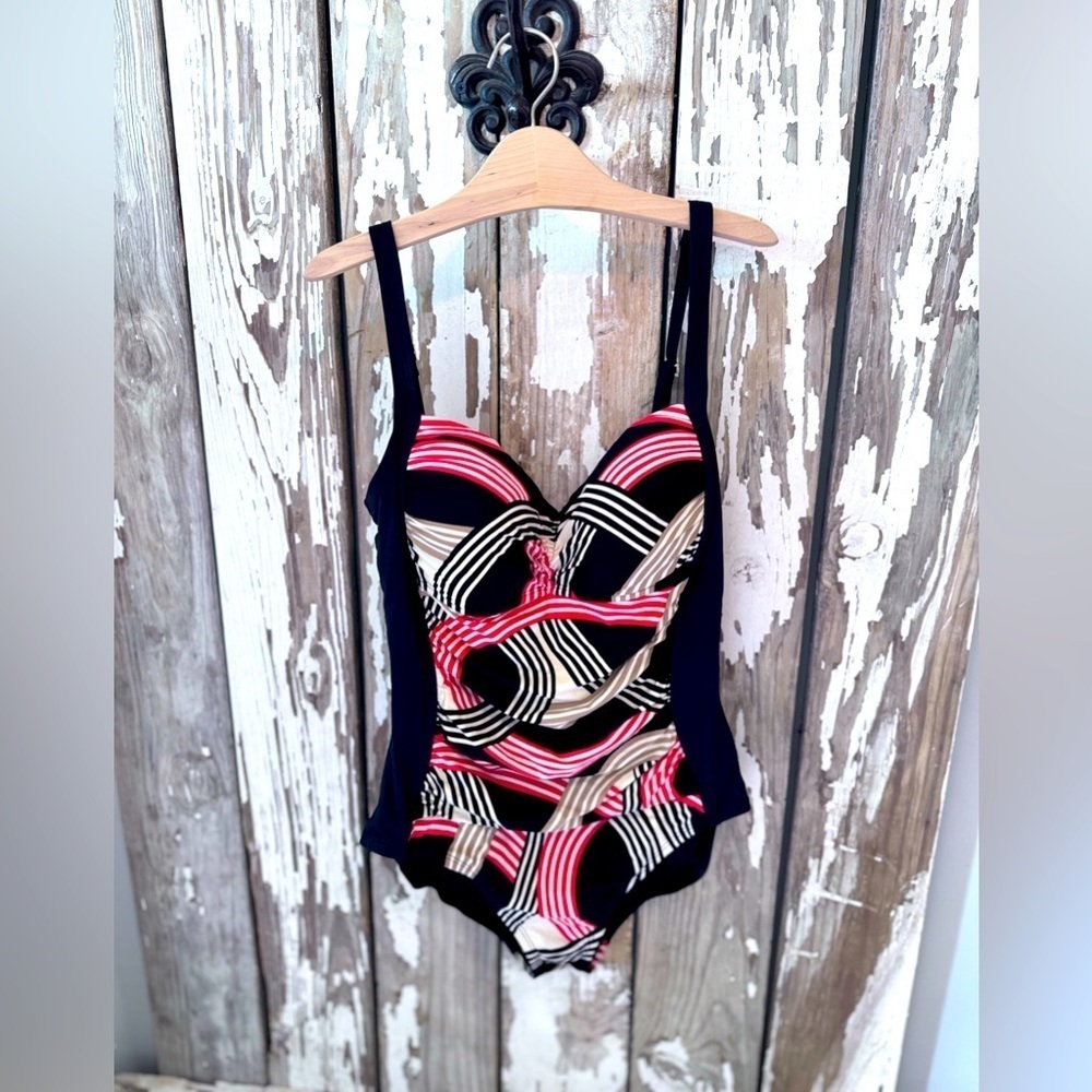 La Blanca Red/White/Tan/Black Striped One Piece Bathing Suit - Women’s size 12